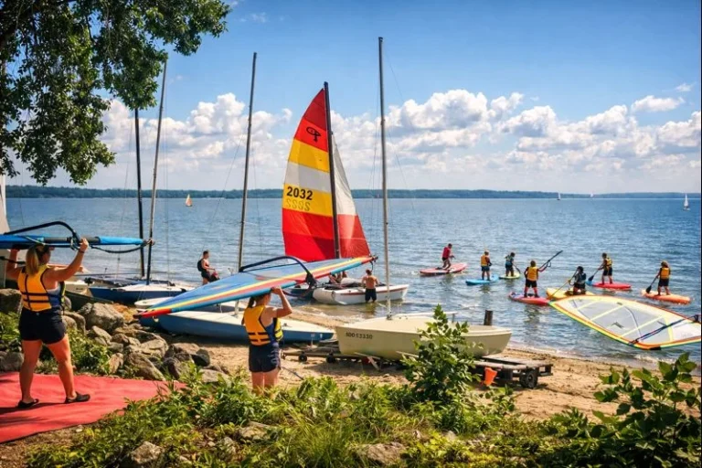 Plusieurs personnes pratiquant la voile, la planche à voile et le paddle sur un grand lac calme par une journée ensoleillée.